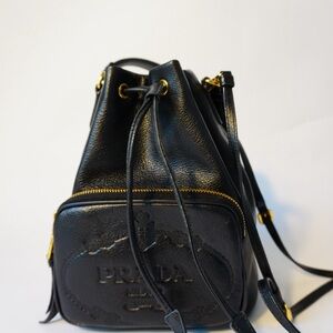 PRADA Black Leather Drawstring Bucket Bag